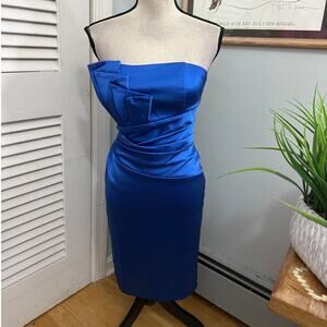 Vintage Cache Dress 8 Blue Strapless Satin Cocktail Ruched Bodycon Evening Glam